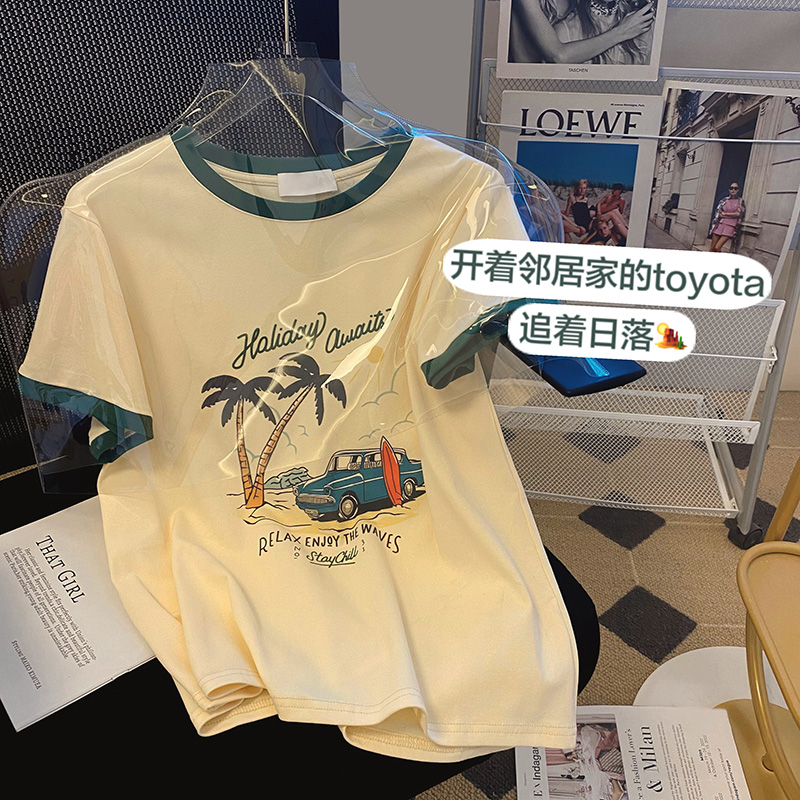 Official figure real price pure cotton wrap collar American retro printed short sleeve T-shirt women's summer 2022 color contrast
