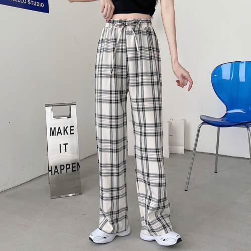  actual shooting of new summer black and white plaid pants children's loose straight tube hanging high waist casual floor dragging wide leg pants