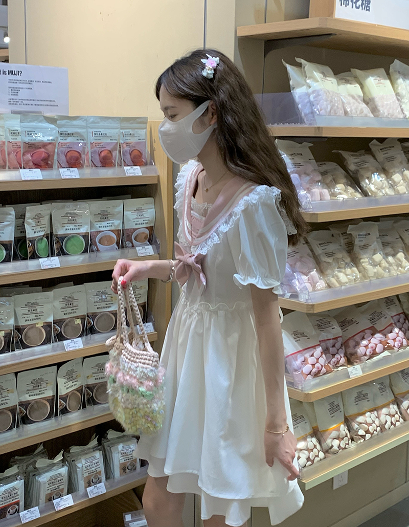 Real price white dress women's doll collar lace bow stitched dress