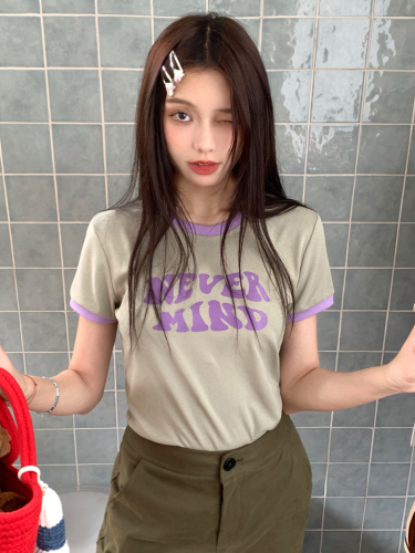 Real shooting of summer Korean pure desire retro letter printing hot girls short round neck Short Sleeve T-Shirt Top Women