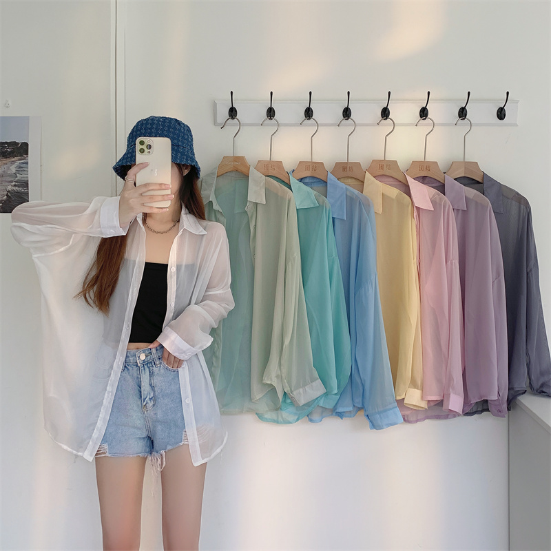 Real shot real price white sunscreen clothing pearlescent chiffon long sleeve casual shirt loose hanging Shirt Top