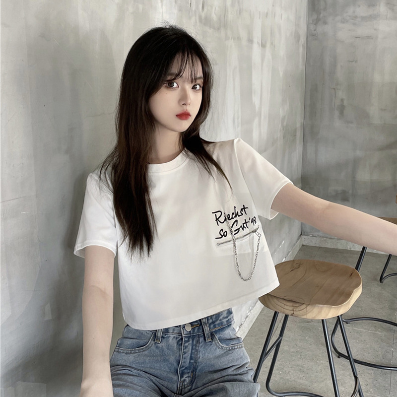 Loose short design zipper letter print short sleeve T-shirt student top female