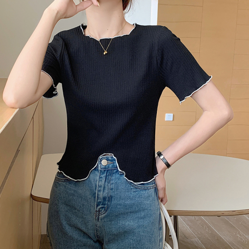 Real price and real shooting new summer color contrast wave edge short sleeve sweater design sense of minority split short top women