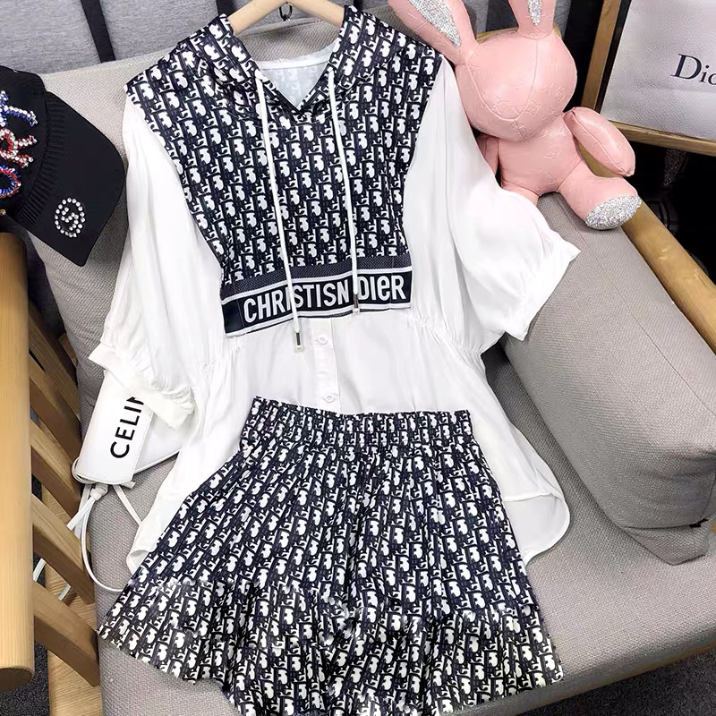 New patchwork set 2022 summer large fashion casual hooded 5-point short sleeve wide leg shorts 2-piece set women