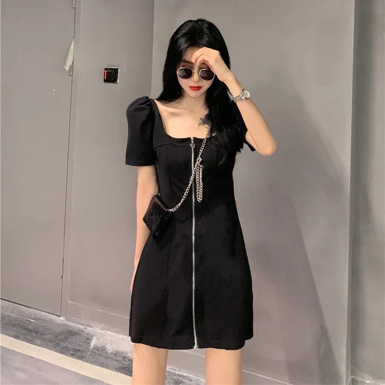 Retro French style square neck with waist closed to show thin black dress summer short sleeve short skirt children's divine A-line skirt