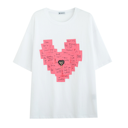 Real shooting cotton back wrap Summer Short Sleeve T-Shirt Korean version medium and long love printing top