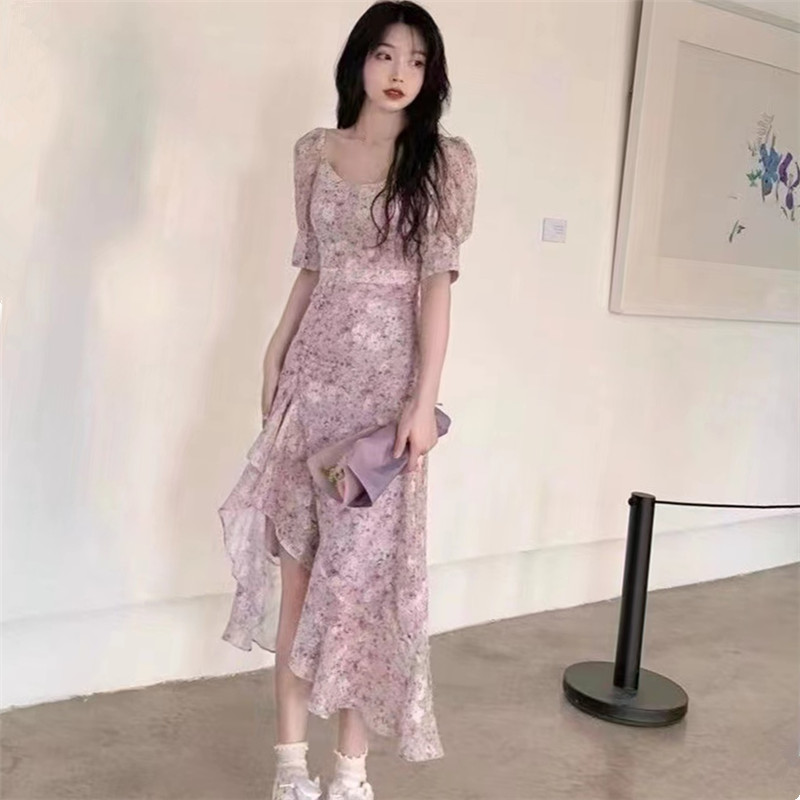 First dream pokemeng meets Wisteria flower romantic broken flower split long skirt women's summer tea break French dress