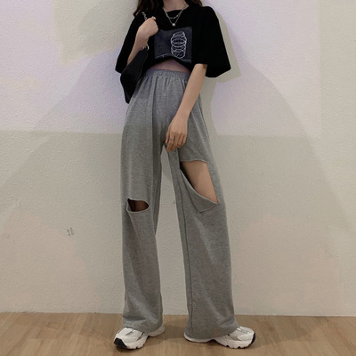 Pierced pants women's summer 2020 new pants thin casual high waist drop feeling wide leg floor sweatpants ins fashion