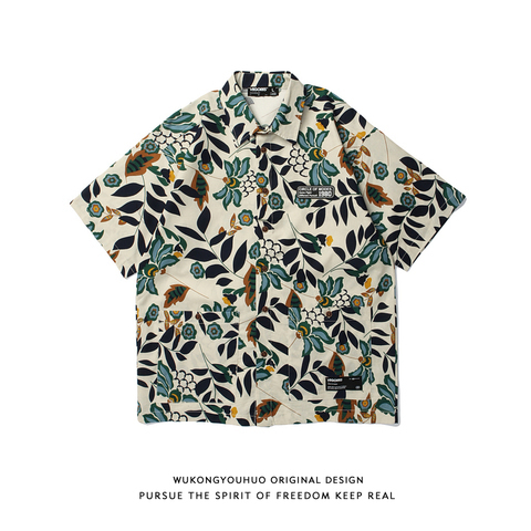 Guochao retro floral allover short sleeve shirt women Street hip hop loose casual Hawaiian Shirt
