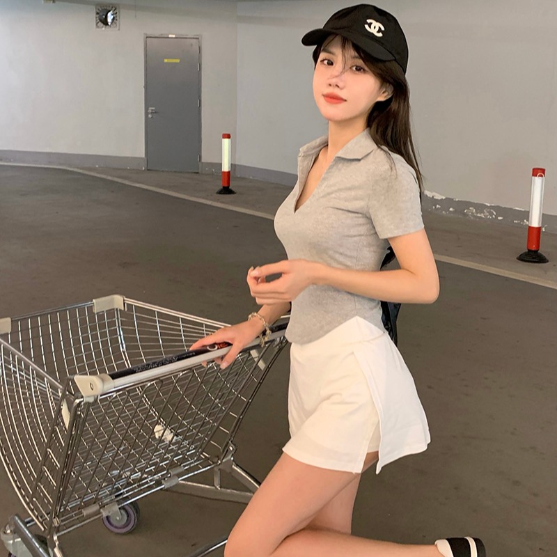 Pure sweet and spicy style suit women's summer polo collar short sleeve T-shirt + slit Hip Wrap short skirt pants leisure sports two-piece set
