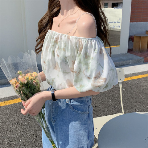 Chiffon shirt women's summer 2022 new short sleeve top women's fragmentary flowers are very immortal age reduction loose off shoulder
