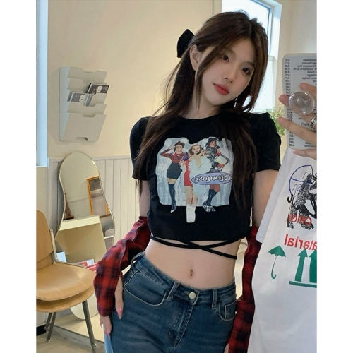Official drawing pull frame cotton band sleeve sleeve Spice Girl print short sleeve T-shirt women's summer design bandage