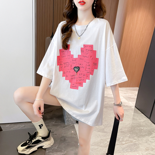 Real shooting cotton back wrap Summer Short Sleeve T-Shirt Korean version medium and long love printing top