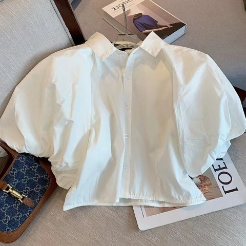 White bubble sleeve shirt women's summer thin summer new small short top