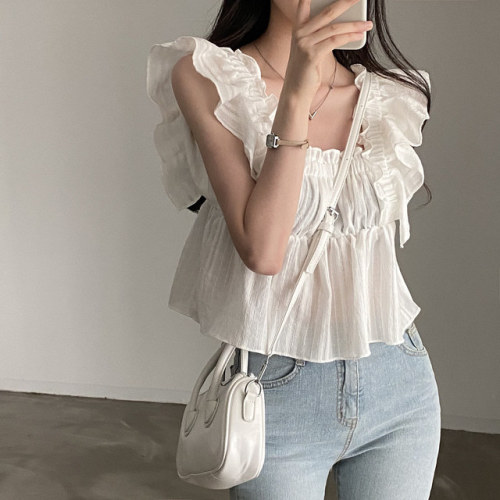 Korean chic summer new French square collar fungus edge sleeveless shirt women's thin and short age-reducing shirt