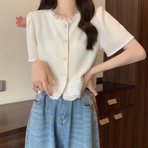 Real shooting and real price new Korean style patchwork lace design edge sleeve short sleeve shirt