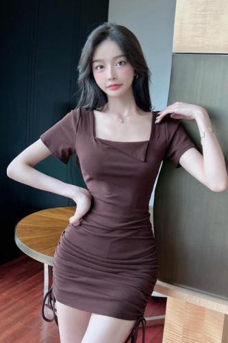 Real photo of Royal sister light familiar style new summer slim fit with hip drawcord design feeling wrinkled pure desire T-shirt dress