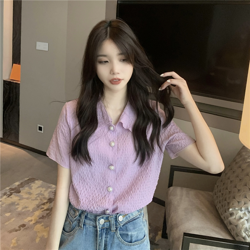 Real price purple Pleated Chiffon short sleeve shirt women's design sense niche pearl button top fashion