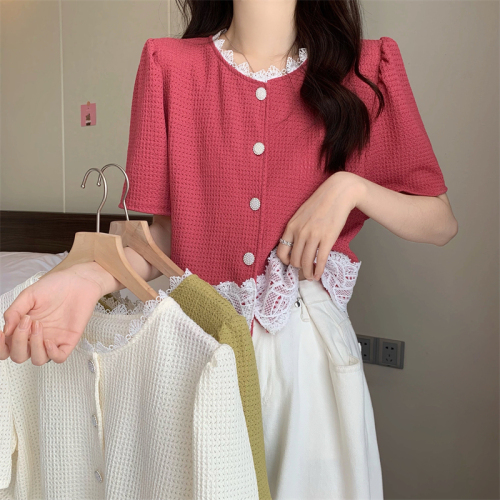Real shooting and real price new Korean style patchwork lace design edge sleeve short sleeve shirt