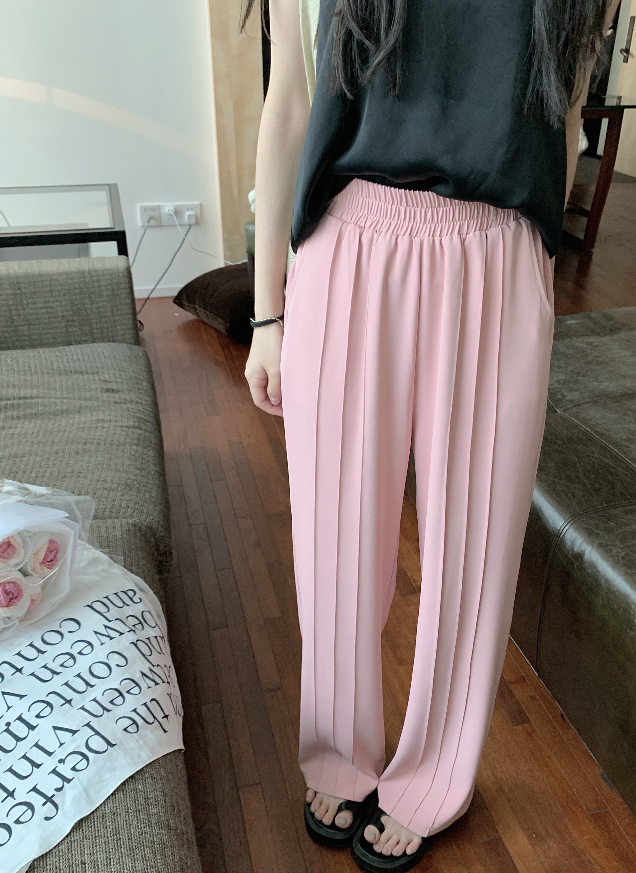 Real price hand folding casual pants loose elastic waist straight tube pants wide leg pants women
