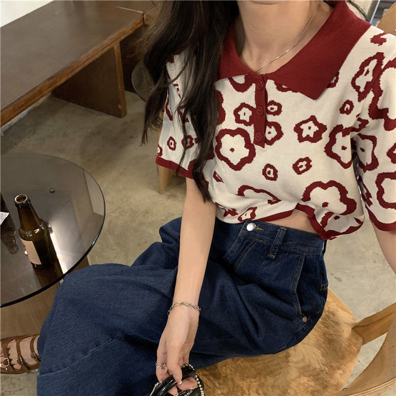 Polo neck knitted short sleeve T-shirt women's summer 2022 new design sense of minority loose sweet Spice Girl Top