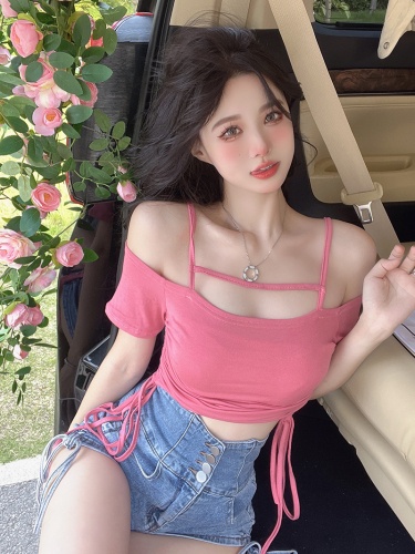 Pink off shoulder drawstring short sleeve T-shirt women's summer sweet spice girl off shoulder lace up slim and short