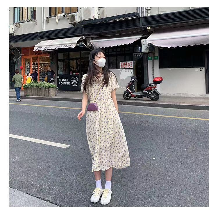 Super fairy fragmentary flower fashion cream taro texture dress 0 new style V-neck Ruffle Skirt