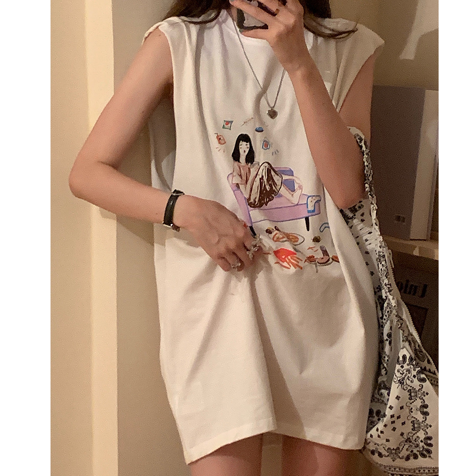 Sleeveless T-shirt women's new summer out wear Korean loose print vest middle and long student top
