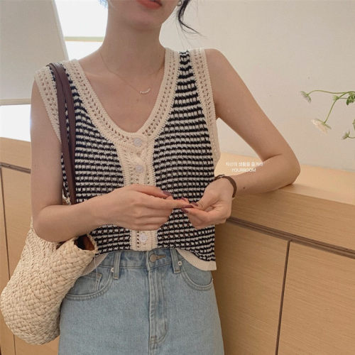 Yourroom+ new summer contrast color V-neck hollow out exterior with short cardigan vest inside women's slim top