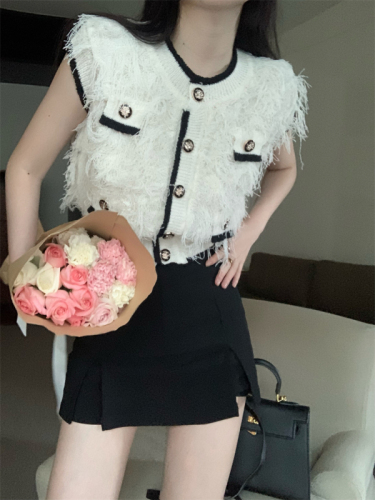 Real price heavy French round neck tassel design single breasted versatile waistcoat knit vest