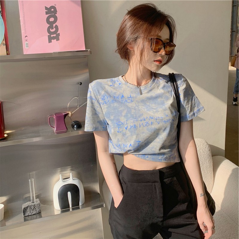 Net red tie dyed short sleeve T-shirt women's Korean version high waist exposed navel short upper garment women