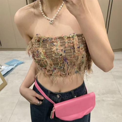 See niche design mesh denim Strapless hot girl top sexy inside with suspender vest for women to wear outside in summer