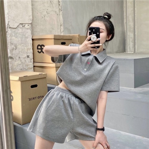 Fish scale retro age reduction net red suit polo shirt T-shirt loose wide leg short skirt two piece set female