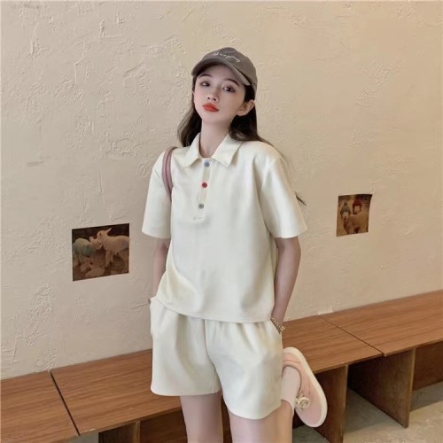Fish scale retro age reduction net red suit polo shirt T-shirt loose wide leg short skirt two piece set female