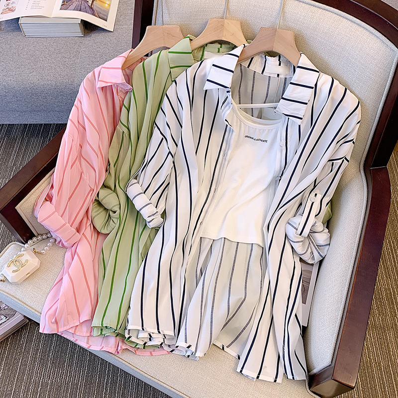 Real shot 2022 summer new fat mm THIN loose meat covered striped shirt suspender Vest Set