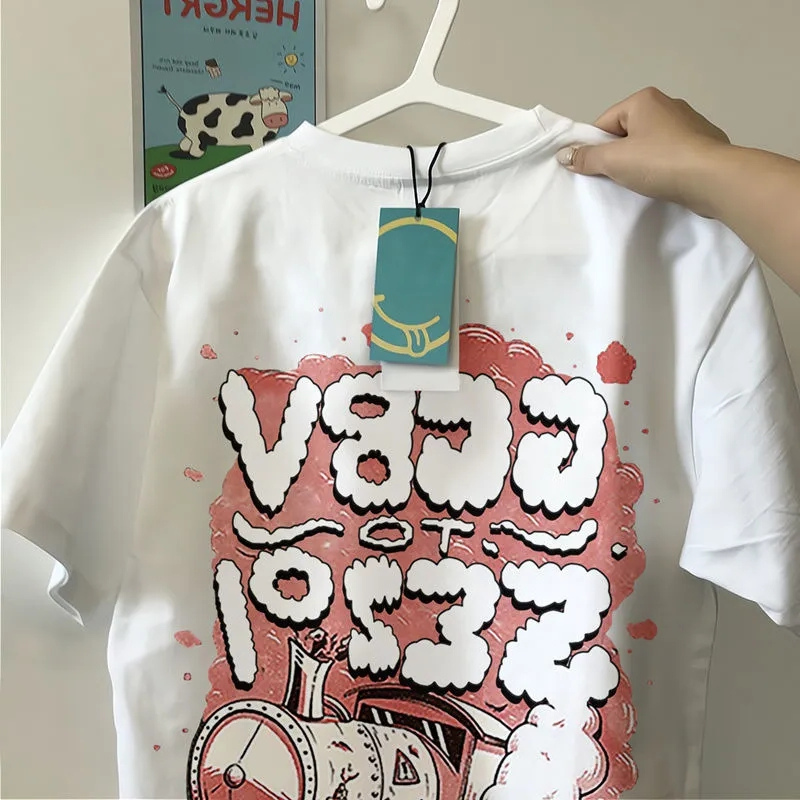 Combed cotton + back wrap collar front shoulder short sleeve T-shirt student sweet loose college printed casual top