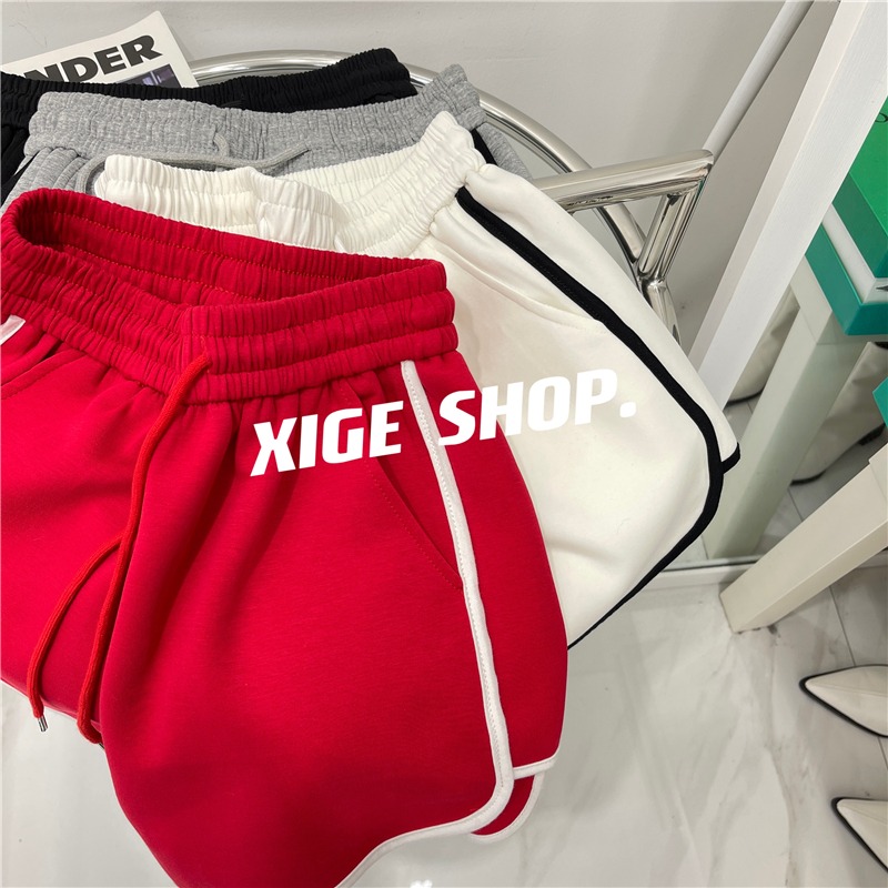 65 fish scale sports shorts women's summer American retro color contrast hem long leg High Waist Wide Leg casual hot pants