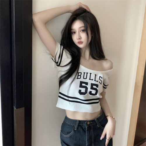 Real price sweet and spicy short style slim short sleeve T-shirt big neckline Spice Girl Top