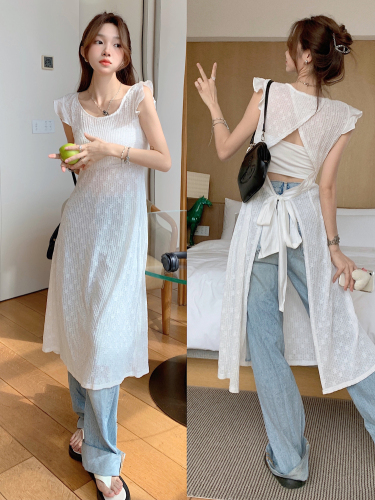 Real shooting and real price Korean stacked backless dress women's summer design chic white lace blouse set