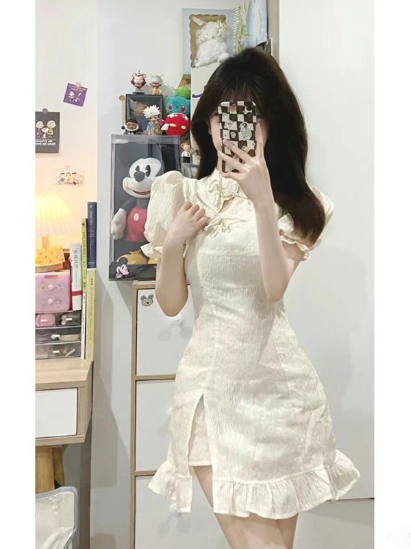 Solo pop custom built-in girl attribute ~ National Style improved bubble sleeve cheongsam dress yoyo