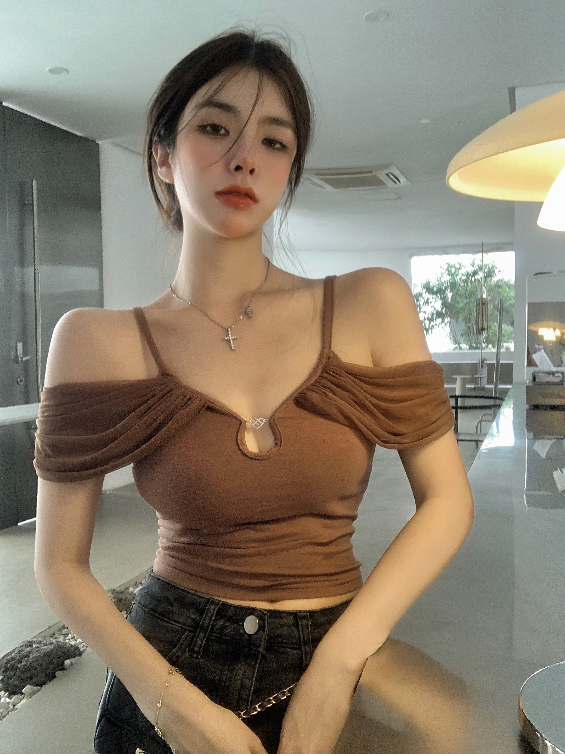 Real auction real price 2022 summer new slim slim pure sexy girl top mesh stitched T-shirt