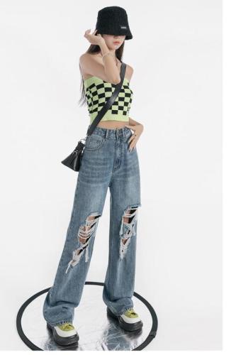 Real photos of ripped jeans in summer new American Retro High Street design feeling high waist straight tube mop pants trend