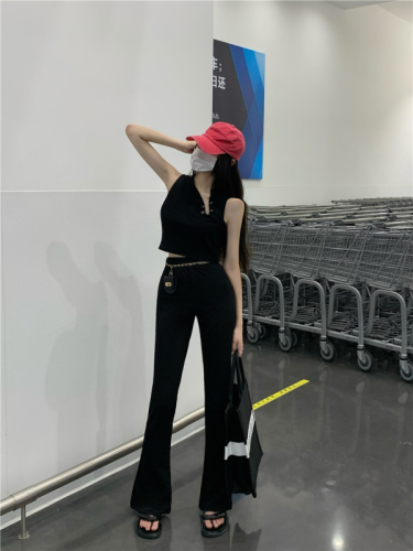 Real shooting, real price, cool, hot girl, hollow out pin, exposed navel, sleeveless top + high waist, hanging feeling, waist bag, speaker mop pants