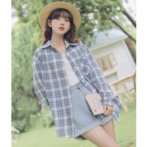 Actual photo of  summer cotton linen blue lattice sunscreen shirt coat thin design feeling lazy blouse women's shirt