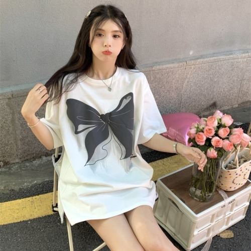 Summer new mid long short sleeve T-shirt bow front and back printing cute girl's top 6535 cotton