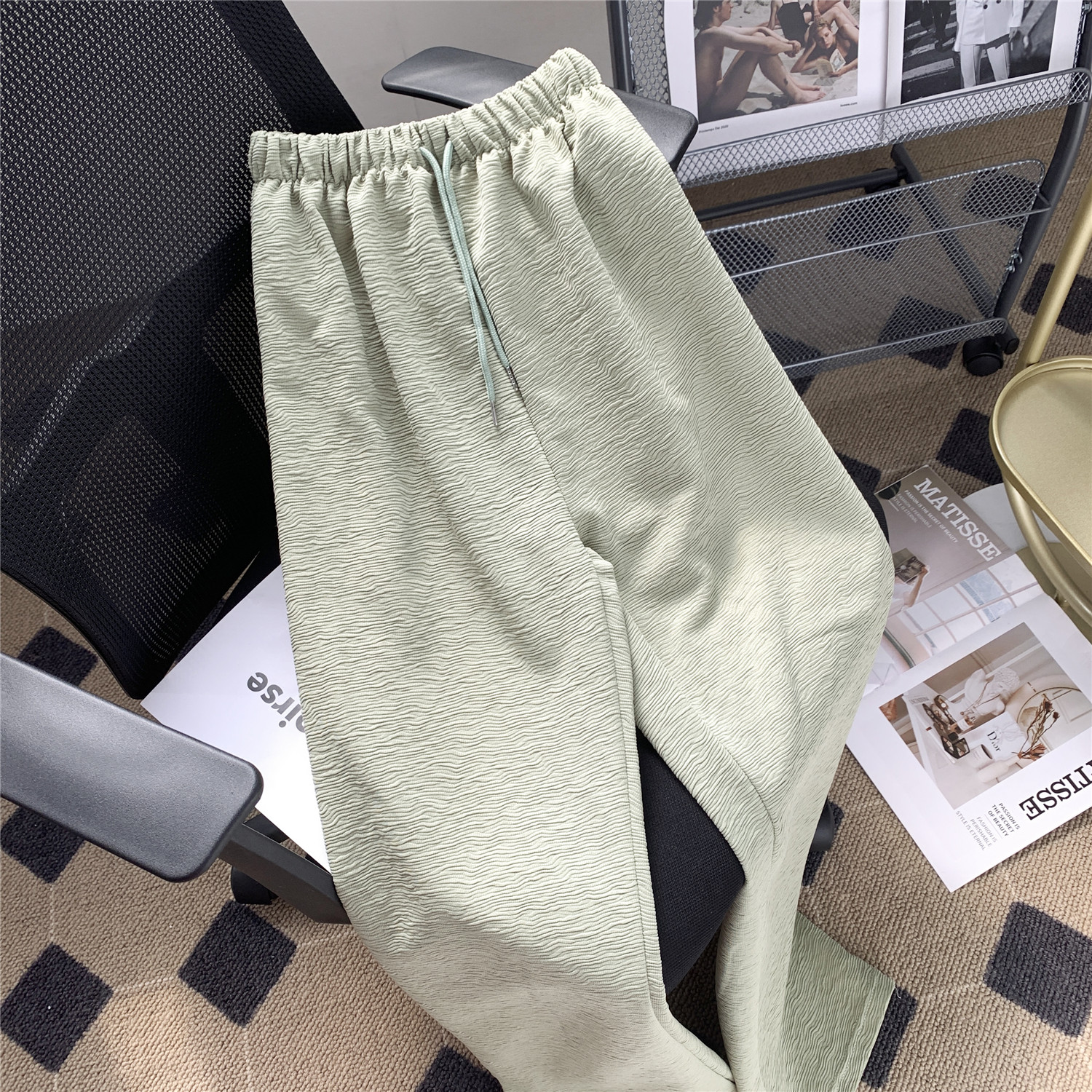 Real shot texture wide leg pants women's sag casual pants high waist pleated straight pants