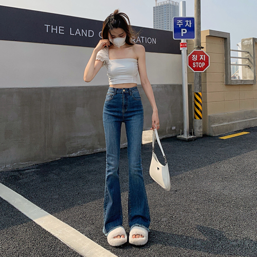 Real shooting of high waist micro flare jeans women's summer thin New Retro Blue SLIM STRAIGHT flare pants long pants