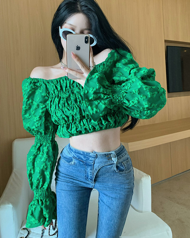 Real shot real price sweet off shoulder top design sense of minority slim slim short shirt women