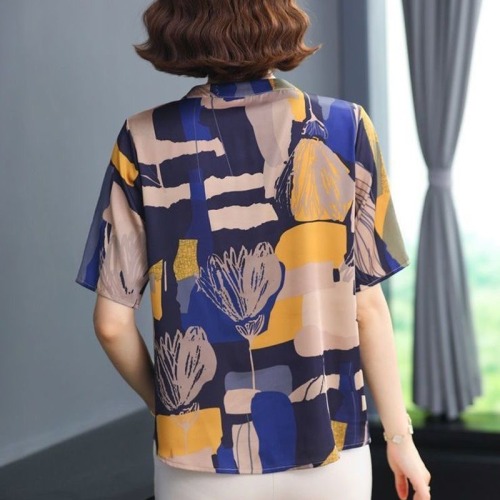 Chiffon short sleeve shirt female mother summer dress standing collar retro Hong Kong Style printed shirt middle-aged and old-age foreign style large women's dress