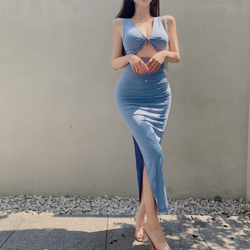 Real shooting, real price design, positive and negative two wear sexy backless sleeveless long skirt, solid color side split dress, female